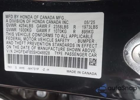 2025 Honda Civic Hybrid Sport/Sport Touring from USA, damaged, VIN 2HGFE4F85SH348828
